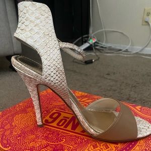 Tan and cream snake skin heels